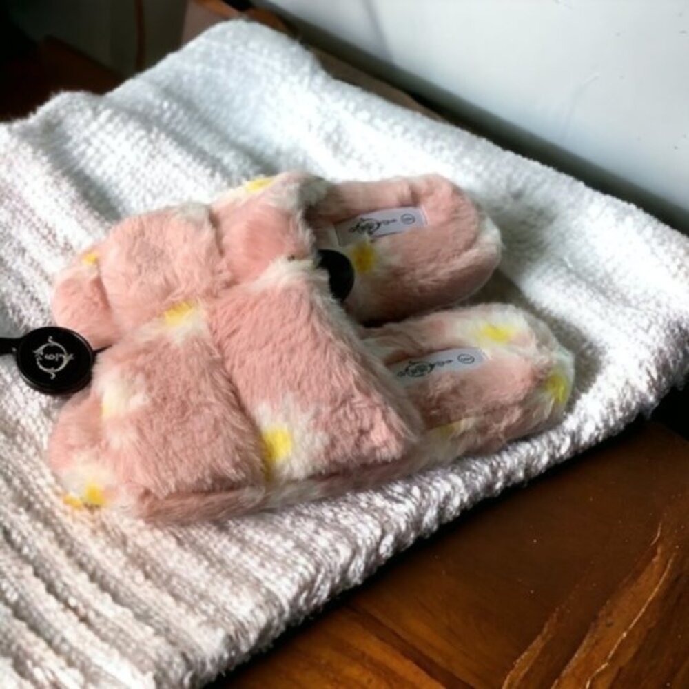 Double Band Pink and Flowers Faux Fur Grippy Sole Ladies Slippers - Picture 2 of 3